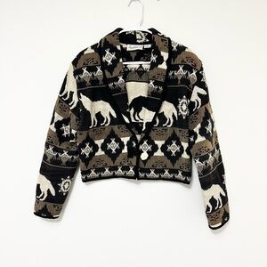 VINTAGE Flashback Tribal Pattern Knit Tapestry Cardigan Wolf Jacket Bone Button